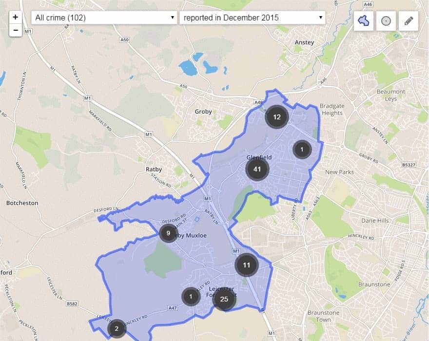 Map highlighting high crime areas.